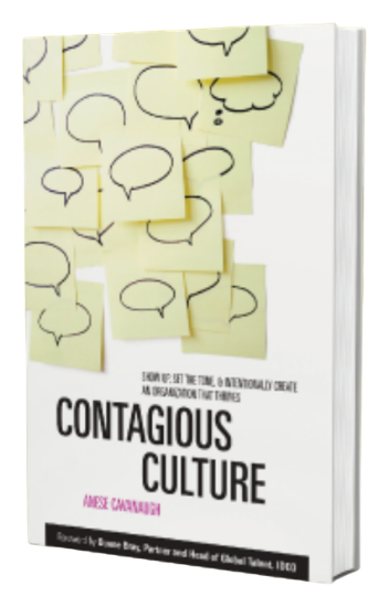 Cover of Contagious Culture by Anese Cavanaugh, featuring yellow sticky notes with speech bubbles