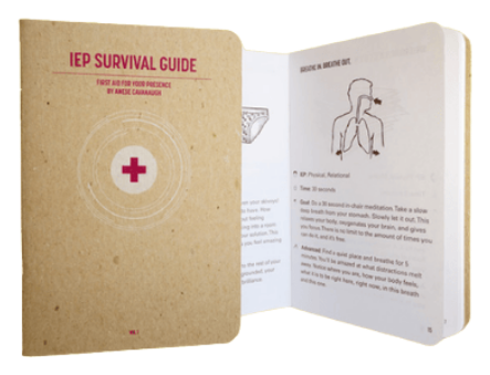 The IEP Survival Guide booklet with a kraft paper cover, open to a breathing exercise page